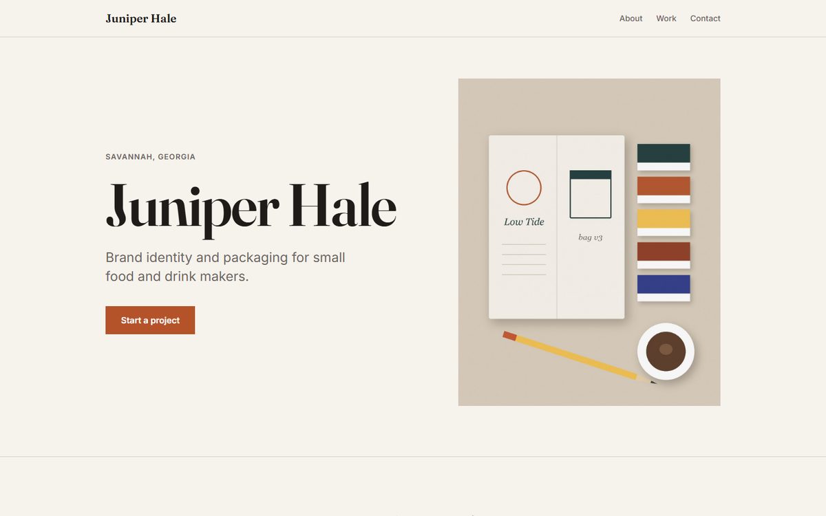 The Creative/Personal Brand template filled in for a sample packaging designer: name, one line, photo and a Start a project button