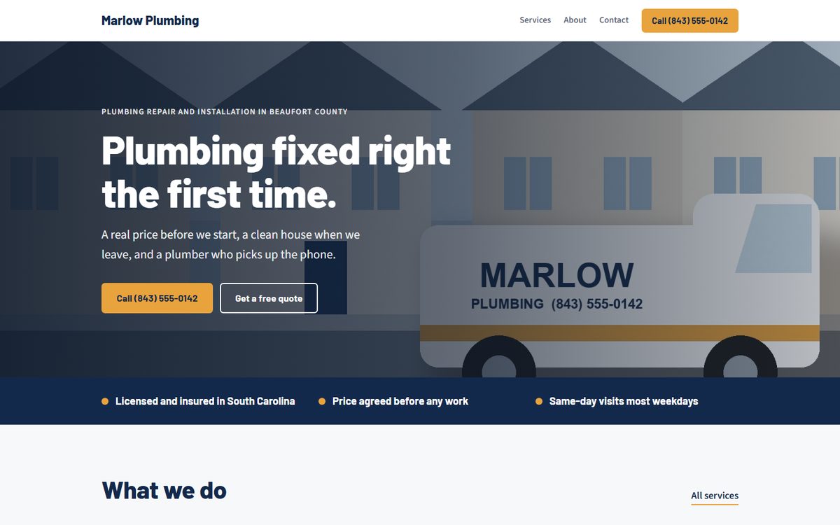 The Local Service Business template filled in for a sample plumbing company: headline over a photo, a call button and a quote button